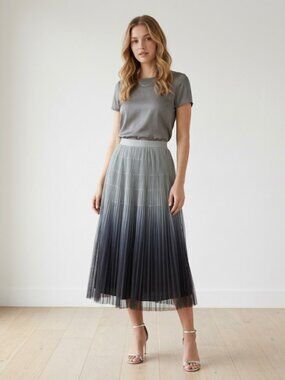 Pleated Ombre Midi Skirt Blue Navy Gradient Elastic Waist O/S 0542